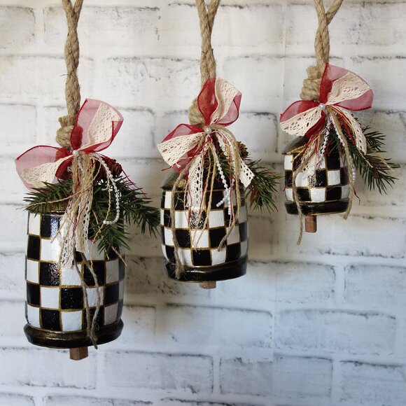 Large Checked Christmas Bells Set of 3 Buffalo Checked Christmas Ornaments - Picture 1 of 12